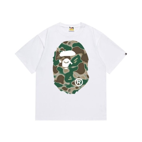 White BAPE T-Shirt with Green Camo Ape Head Print